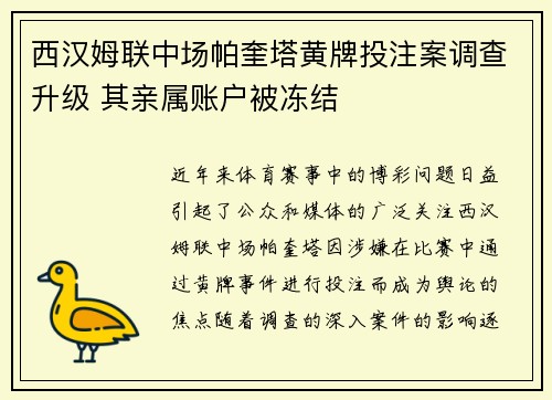 西汉姆联中场帕奎塔黄牌投注案调查升级 其亲属账户被冻结